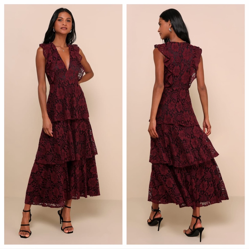 Lulu's Molinetto Burgundy Lace Ruffled Tiered Sleeveless Maxi Dress